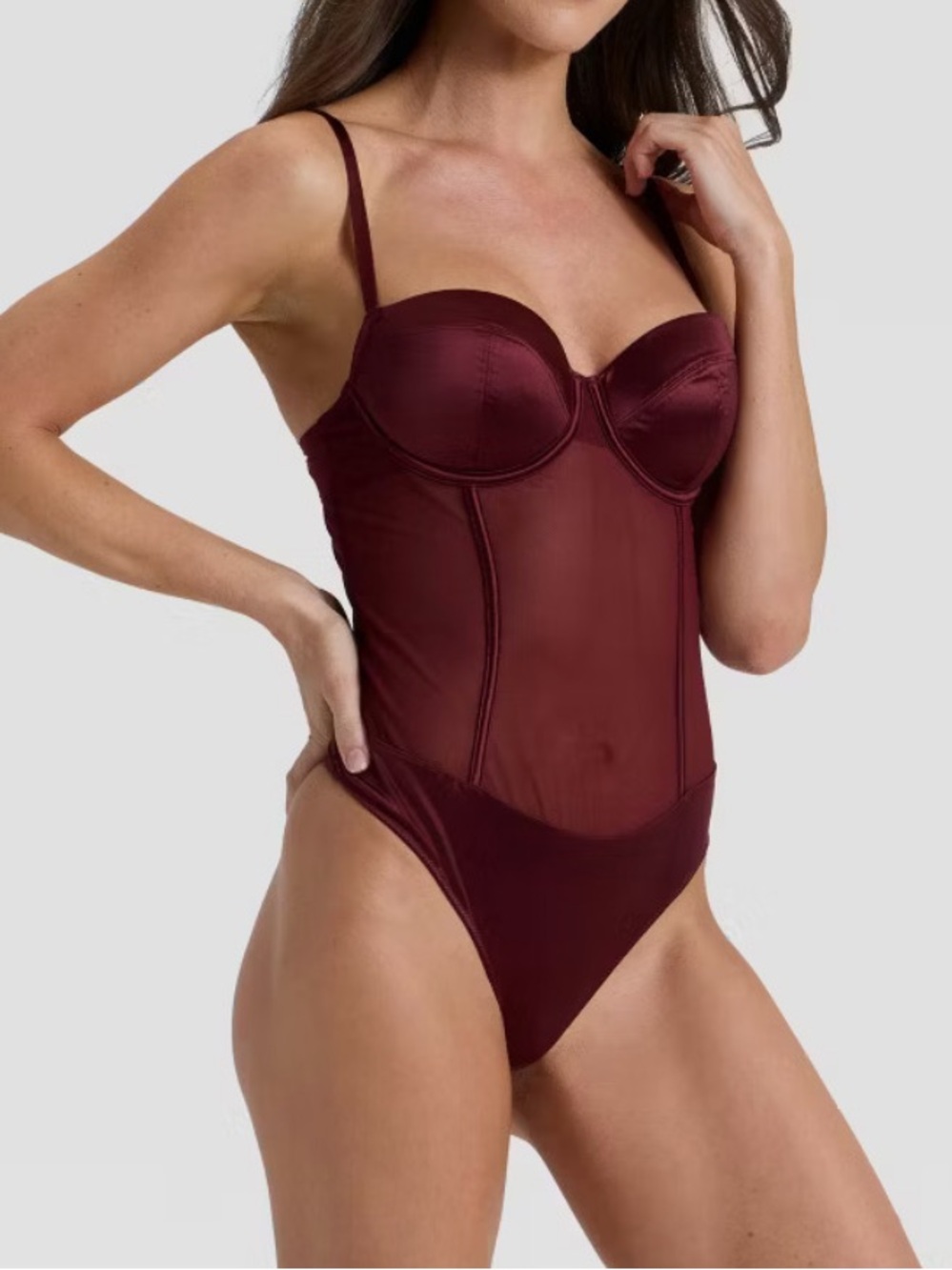 NWT Auden Satin and Mesh Lightly Lined Lingerie Bodysuit - Auden Berry Red cups